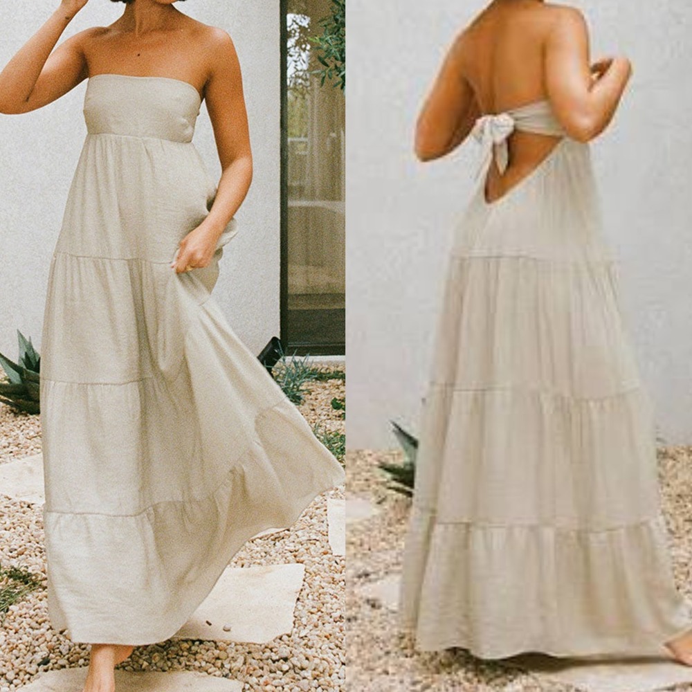 Sabo Skirt XS Sariya Dress Womens Beige New Tiered Open Back Tie Maxi Strapless